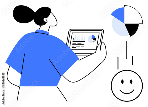Data analysis concept. A person reviews charts and statistics on a tablet, visualizing key trends and metrics. Data analysis supports business decisions, statistics, research, and tech applications