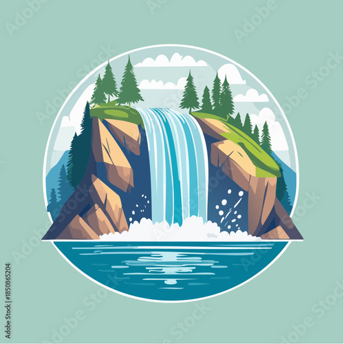A vibrant illustration of a waterfall cascading over rocks into a serene pool, surrounded by lush greenery and trees.