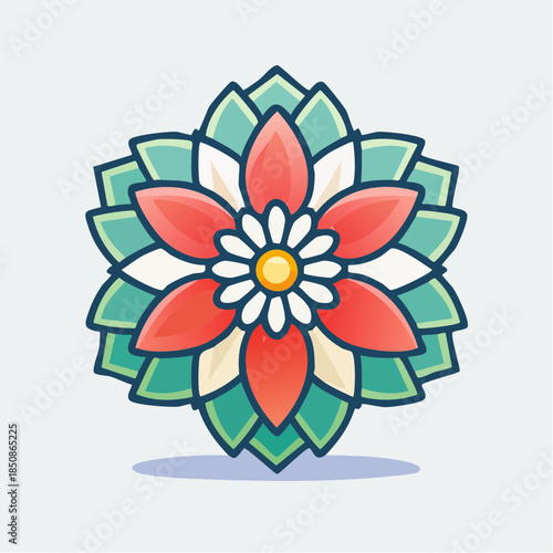Illustration of a stylized flower with red petals and green leaves, with a cartoonish and decorative style.