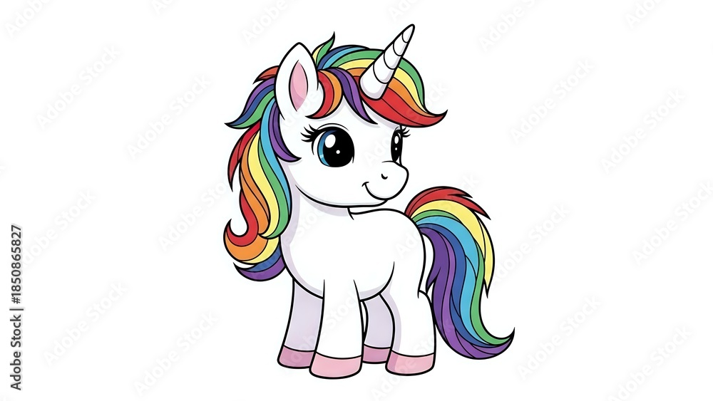 Naklejka premium Cute cartoon unicorn with rainbow mane and tail on white background. Colorful magical pony character isolated for children designs and fantasy projects.