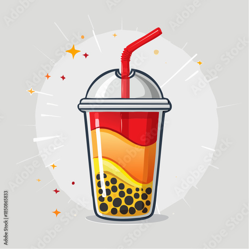Illustration of a layered bubble tea drink with a straw in a plastic cup.