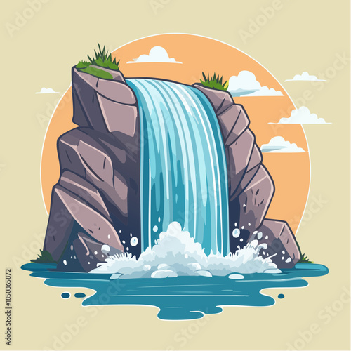 Cartoon illustration of a waterfall cascading over rocks into a pool.