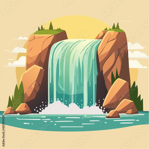 Cartoon illustration of a waterfall cascading between rocky cliffs into a pool of water.