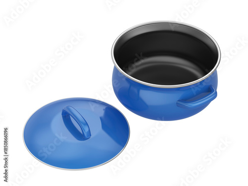 Empty blue enamel cooking pot on transparent background