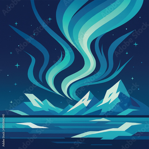Stunning Arctic Night Landscape with Aurora Borealis, Snow-Capped Mountains, Frozen Lake, Starry Sky, Vibrant Northern Lights, Geometric Digital Illustration of Nature’s Beauty and Tranquility