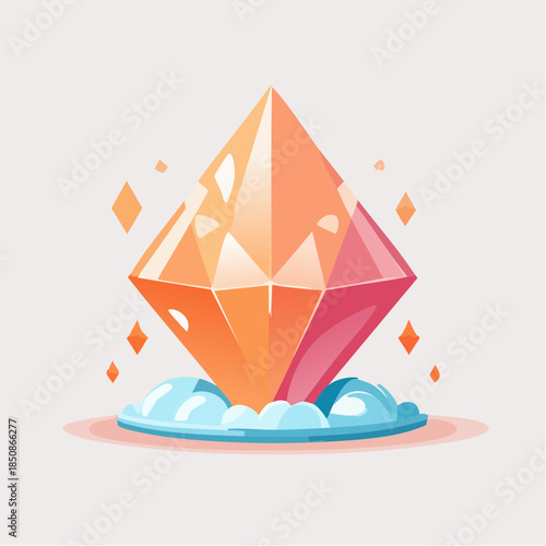 Illustration of a large orange and pink crystal with a diamond shape on a bed of blue clouds.