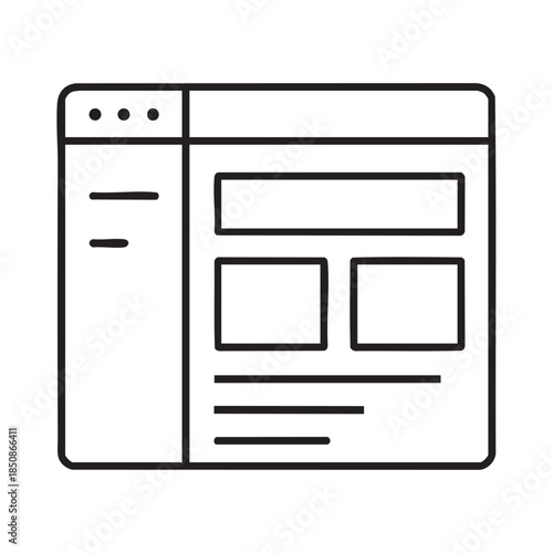 A simple line art illustration of a computer screen displaying a basic website layout with placeholders