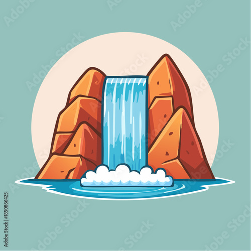 Cartoon illustration of a waterfall cascading between rocky cliffs into a pool of water.
