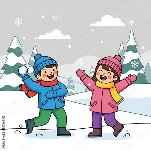Children playing snowball fight in winter happy kids enjoying snow cartoon illustration for holiday season and outdoor fun
