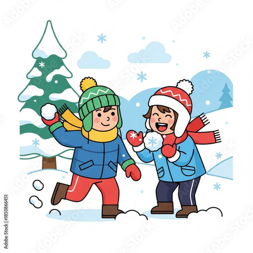 Children playing snowball fight in winter fun outdoor activity cartoon illustration for holiday season and childhood concep