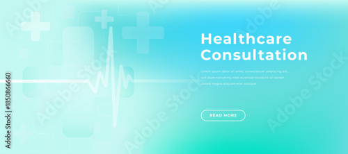 Abstract healthcare heartbeat gradient background with cardiogram line and soft medical cross shapes. Light blue minimal medical bg for hospital and medicine design, health tech, telemedicine services