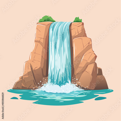 Cartoon illustration of a waterfall cascading down a rocky cliff into a pool of water.