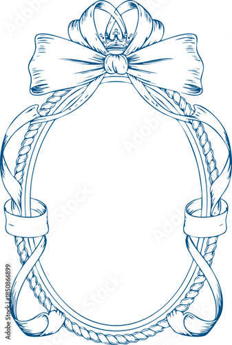 Vintage Ribbon Oval Frame with Bow and Crown Line Art
