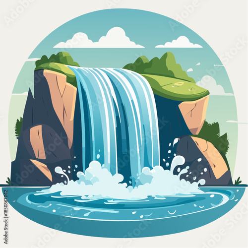 Cartoon illustration of a waterfall cascading into a pool of water.