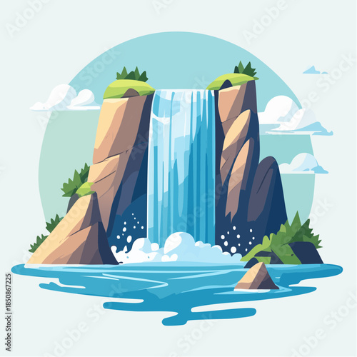 Cartoon illustration of a waterfall cascading between rocky cliffs into a serene pool.