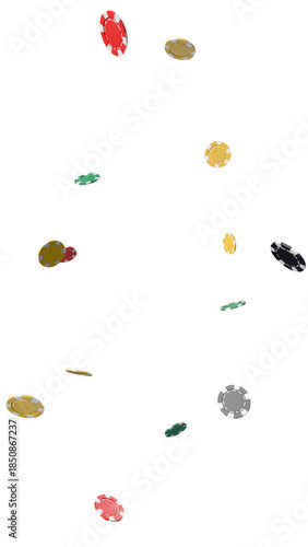 Poker chips falling overlay on transparent background vertical 3D render