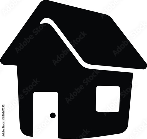 Simple black house icon with door and window, representing home and real estate