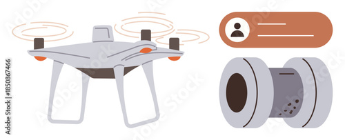 Flying quadcopter with four rotors beside a camera lens and user profile icon. Ideal for technology, innovation, security, aerial photography, modern devices, networking, and automation. Simple flat