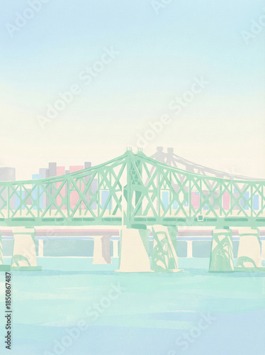 Minimalist flat illustration of a green truss bridge over a river with a pastel city skyline.