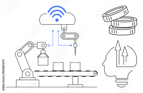 Industry 4.0, smart manufacturing, business growth, cloud computing, robotics, innovation. Automated robotic arm on conveyor cloud network and abstract human head with progress symbol. Smart