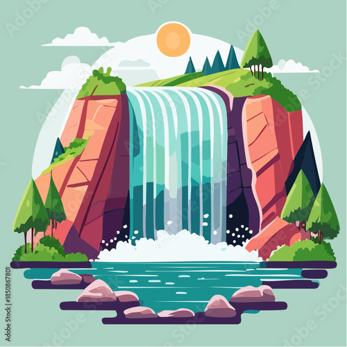A vibrant cartoon illustration of a waterfall cascading into a pool, surrounded by lush greenery and rocky cliffs under a sunny sky.