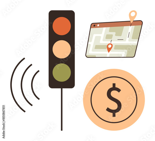 Traffic light with waves, map with route and location pins, and a dollar sign symbol. Ideal for concepts thumbs up smart cities, navigation, technology, traffic control, logistics, efficiency