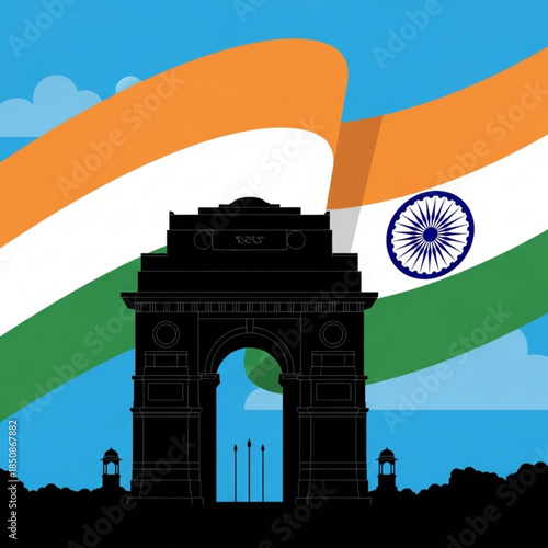 India Gate and National Flag: A striking illustration of the iconic India Gate, silhouetted against a backdrop of the waving national flag, symbolizing pride and heritage.