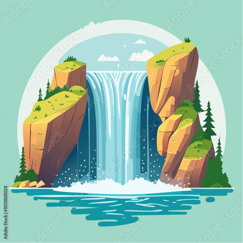Cartoon illustration of a waterfall cascading between rocky cliffs into a pool of water.