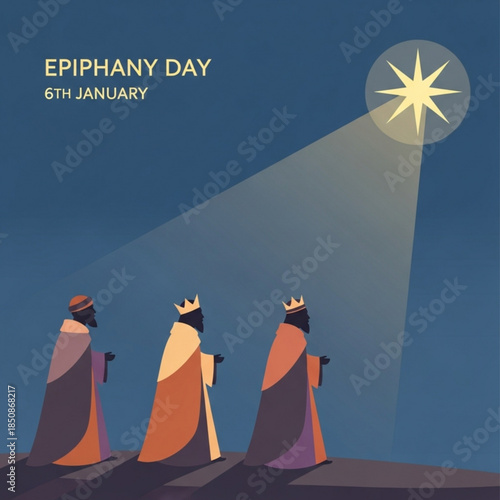 Epiphany Day: A depiction of the Epiphany with three wise men following a guiding star, symbolizing the biblical story of the Magi.