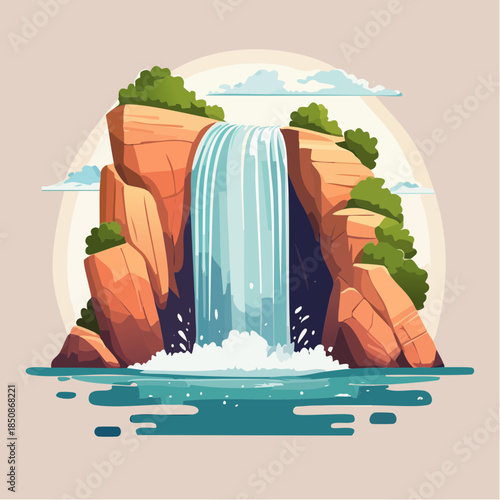 Cartoon illustration of a waterfall cascading over rocks into a pool of water.