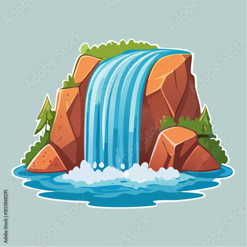 Cartoon illustration of a waterfall cascading over rocks into a pool of water.