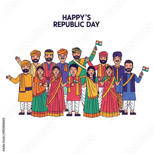 Republic Day Celebration: A vibrant illustration capturing the spirit of Republic Day, featuring a diverse group of people dressed in traditional attire, celebrating with joy and national pride.