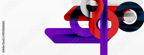 Abstract composition. Bold shapes intersect, creating dynamic visual effect. Colors include red, purple, white, black. Modern design elements present.
