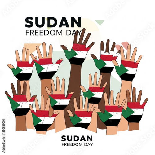 Sudan Freedom Day: A colorful illustration portrays hands painted with the Sudanese flag, raised high in a vibrant display of unity and celebration of freedom.