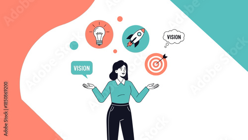 Innovative woman balancing creative ideas with futuristic technology symbols