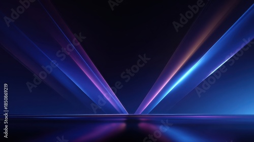Abstract futuristic background with converging light beams and reflections on a dark surface.