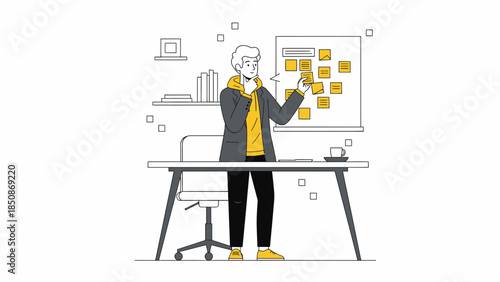 Illustration of a young professional organizing sticky notes on a whiteboard in a modern office