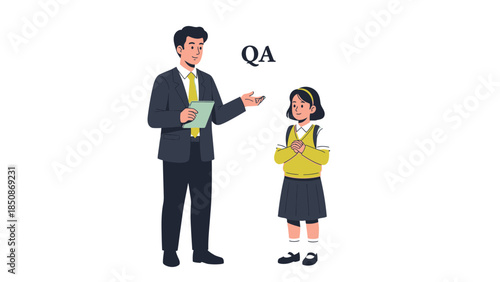 An Illustration of a Professional in Quality Assurance Conducting a Test with a Young Student