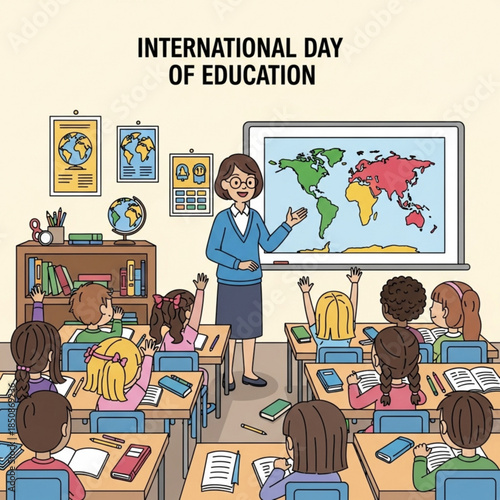International Education Day Scene: A classroom illustration depicts an educator imparting wisdom to engaged pupils. It celebrates International Day of Education and the essence of learning. 