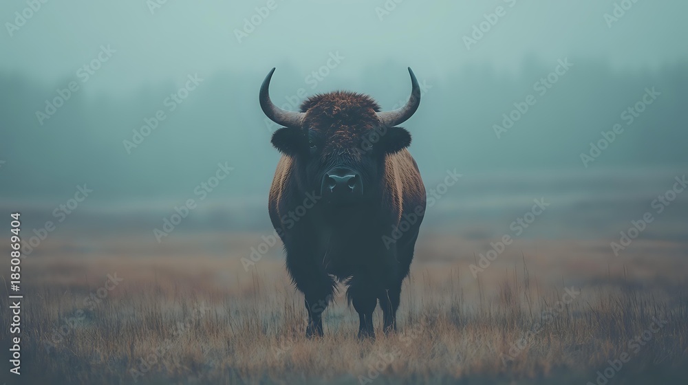 Naklejka premium Powerful black bull with horns standing in misty grassland field during moody atmospheric morning creating dramatic livestock farming scene.