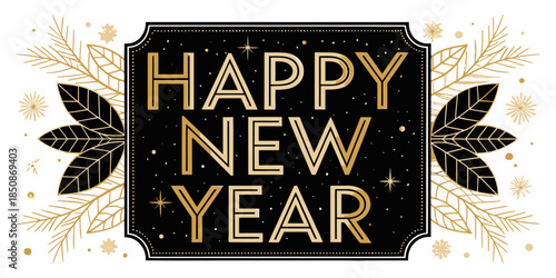 Elegant Happy New Year greeting card with gold accents and leaves