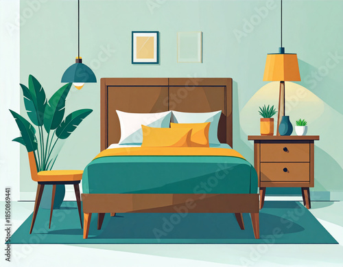 Modern bedroom interior with a teal bed, orange pillows, wooden furniture, and decorative plants, illuminated by stylish pendant and table lamps.