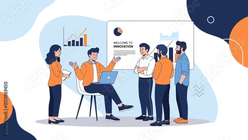 business presentation with diverse team discussing innovative ideas and data analysis in modern