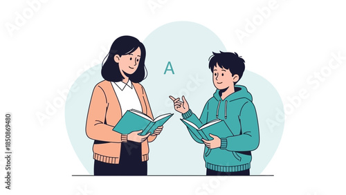Young girl and boy engaging in educational activity with books and letter A interaction
