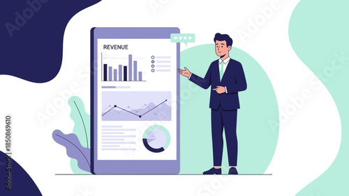 Businessman Presenting Revenue Data and Financial Analysis On Large Digital Screen