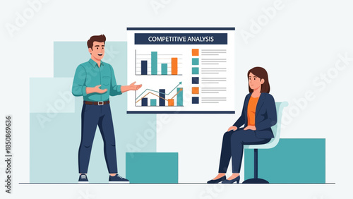 Business Presentation on Competitive Analysis with Data Charts and Female Audience