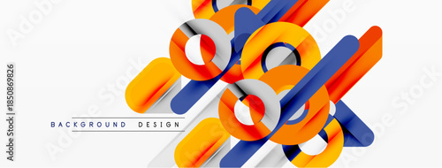 Abstract geometric shapes, orange, blue, white. Dynamic composition, modern design elements, clean aesthetic. Background texture suggests depth.