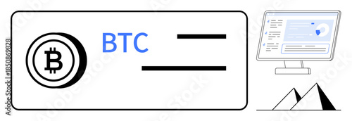 Digital finance, cryptocurrency storage, Bitcoin transactions, blockchain data, fintech, online security. Bitcoin wallet icon with BTC text, screen displaying analytics geometric shapes. Digital
