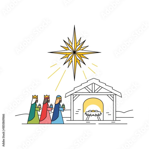 Three Wise Men and the Guiding Star: A simple illustration of the three wise men, following a bright star towards the Nativity scene. Embodying faith, hope, and the spirit of giving.