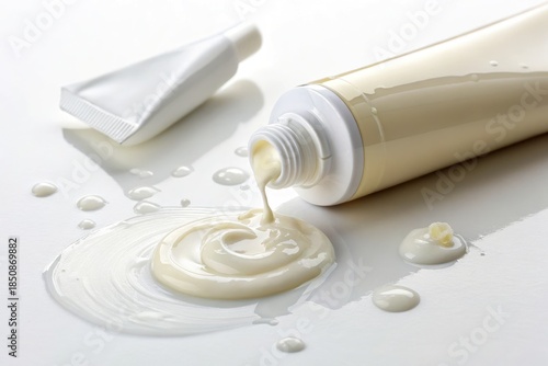 Cream and Tube Placed on White Surface With Cream Spilling Out